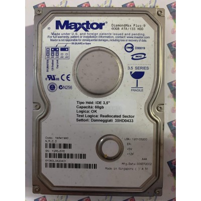 Hard Disk Usato Semifunzionante IDE 3,5" 60GB MAXTOR 6Y060L0 6Y060L0420401 YAR41VW0 30 SEP 2002