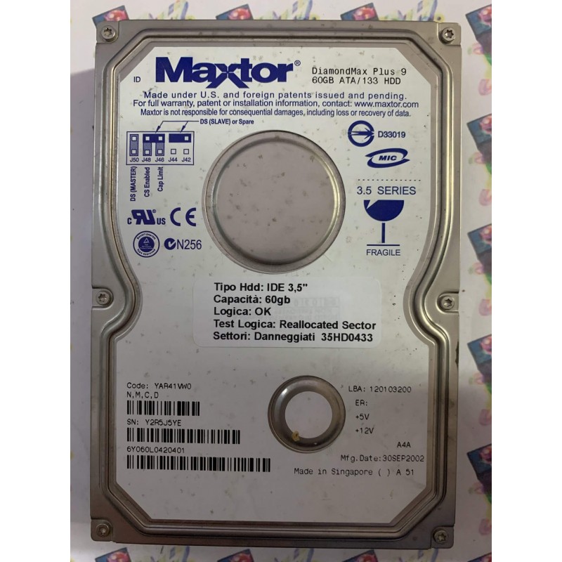 Hard Disk Usato Semifunzionante IDE 3,5" 60GB MAXTOR 6Y060L0 6Y060L0420401 YAR41VW0 30 SEP 2002