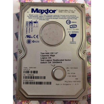 Hard Disk Usato Semifunzionante IDE 3,5" 60GB MAXTOR 6Y060L0 6Y060L0420411 YAR41VW0 19 OCT 2002