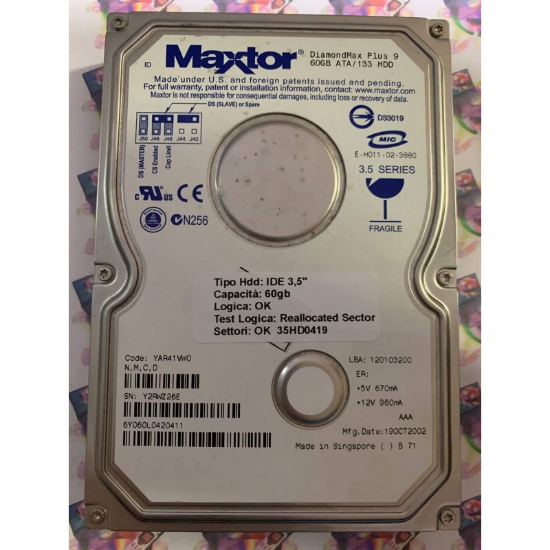 Hard Disk Usato Semifunzionante IDE 3,5" 60GB MAXTOR 6Y060L0 6Y060L0420411 YAR41VW0 19 OCT 2002