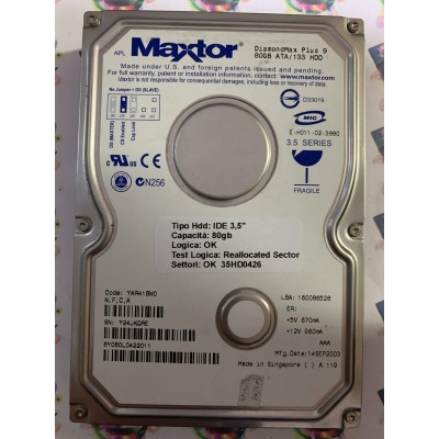 Hard Disk Usato Semifunzionante IDE 3,5" 80GB MAXTOR 6Y080L0 6Y080L0422011 YAR41BW0 14 SEP 2003