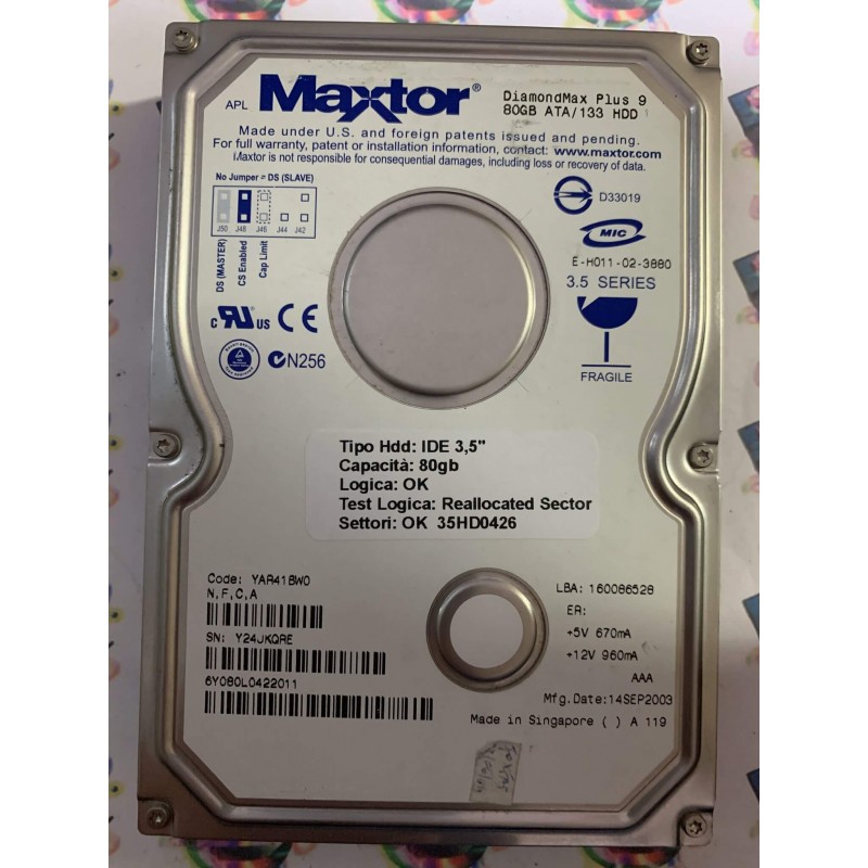 Hard Disk Usato Semifunzionante IDE 3,5" 80GB MAXTOR 6Y080L0 6Y080L0422011 YAR41BW0 14 SEP 2003