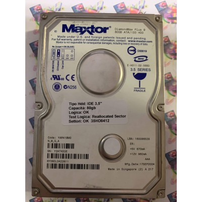 Hard Disk Usato Semifunzionante IDE 3,5" 80GB MAXTOR 6Y080L0 6Y080L0422611 YAR41BW0 17 SEP 2004