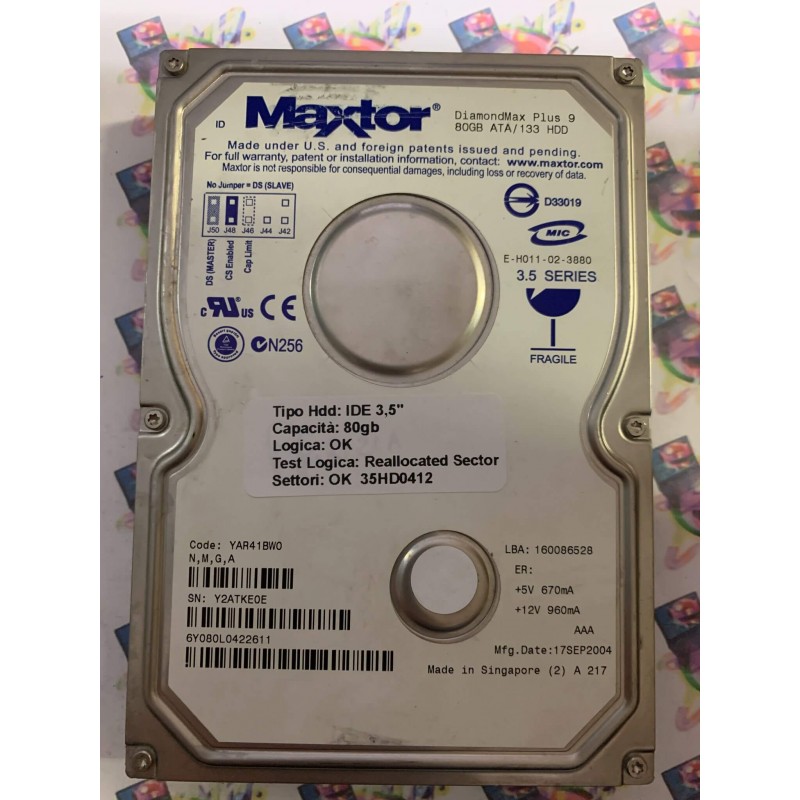 Hard Disk Usato Semifunzionante IDE 3,5" 80GB MAXTOR 6Y080L0 6Y080L0422611 YAR41BW0 17 SEP 2004