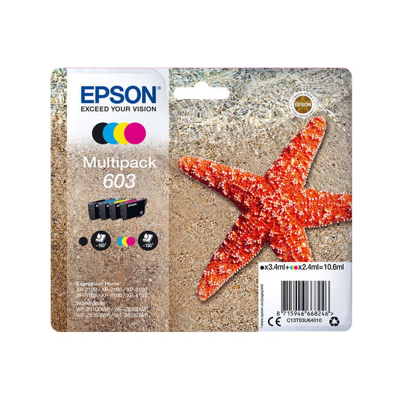 Kit 4 Cartucce Originali Epson C13T03U64010 603 BK C M Y 3,4ml Bk 2,4ml C M Y