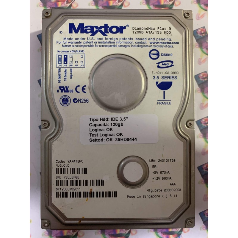 Hard Disk Usato Funzionante 100% Ok IDE 3,5" 120GB MAXTOR 6Y120L0 6Y120L0132011 YAR41BW0 23 DEC 2003