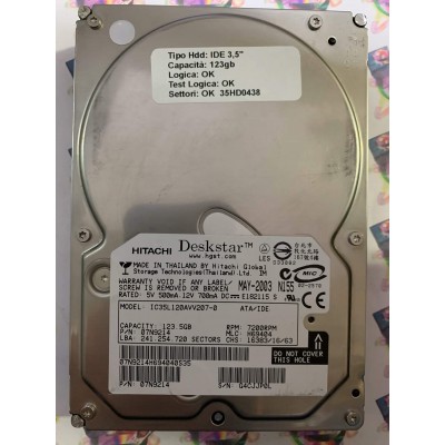 Hard Disk Usato Funzionante 100% Ok IDE 3,5" 123GB HITACHI IC35L120AVV207-0 07N9214 MAY-2003