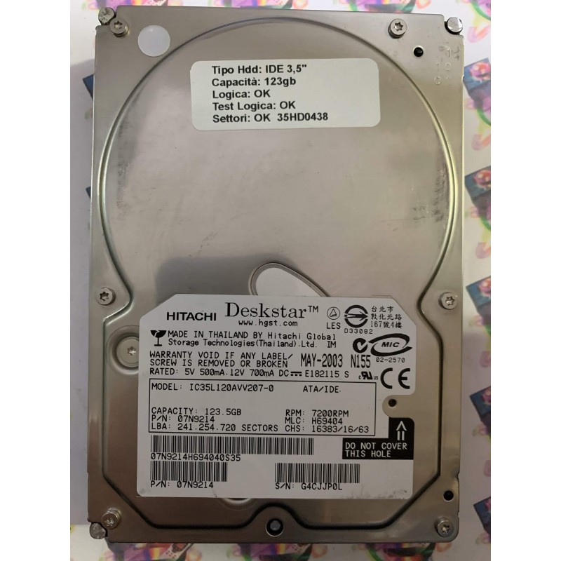 Hard Disk Usato Funzionante 100% Ok IDE 3,5" 123GB HITACHI IC35L120AVV207-0 07N9214 MAY-2003