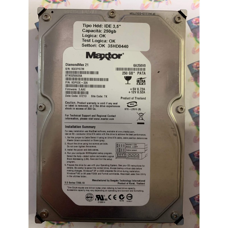 Hard Disk Usato Funzionante 100% Ok IDE 3,5" 250GB MAXTOR STM3250820A 9DP03E-326 3.AAE 07213 TK
