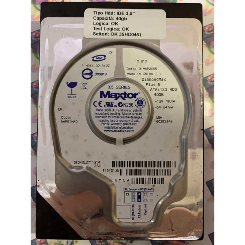 Hard Disk Usato Funzionante 100% Ok IDE 3,5" 40GB MAXTOR 6E040L0 6E040L0711214 NAR61HA0 31 MAR 2005