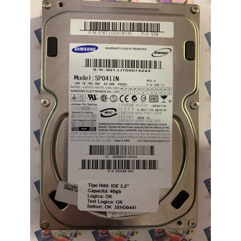 Hard Disk Usato Funzionante 100% Ok IDE 3,5" 40GB SAMSUNG SP0411N 0767J1DXA18735 2004.10