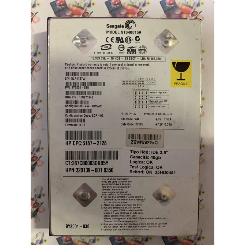 Hard Disk Usato Funzionante 100% Ok IDE 3,5" 40GB SEAGATE ST340015A 9Y3001-030 ZDP-02 3.01 03505 WU
