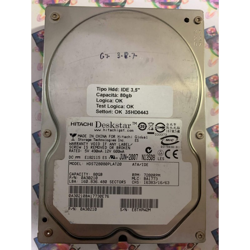 Hard Disk Usato Funzionante 100% Ok IDE 3,5" 80GB HITACHI HDS728080PLAT20 0A30210 BA1773 JUN-2007