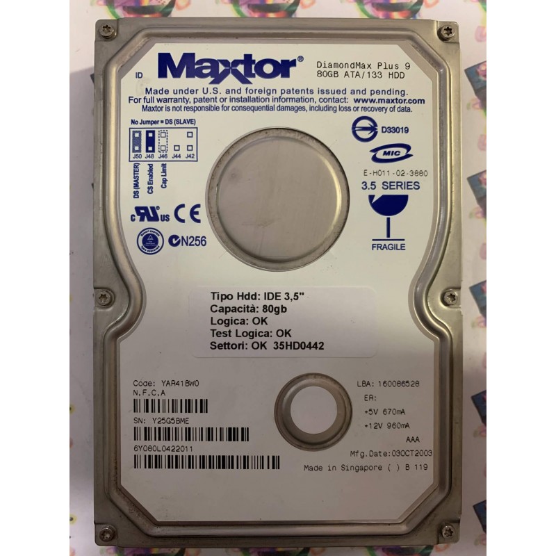 Hard Disk Usato Funzionante 100% Ok IDE 3,5" 80GB MAXTOR 6Y080L0 6Y080L0422011 YAR41BW0 03OCT2003