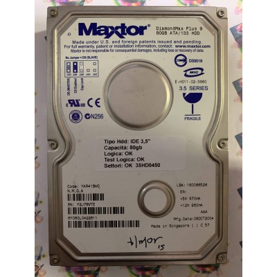 Hard Disk Usato Funzionante 100% Ok IDE 3,5" 80GB MAXTOR 6Y080L0 6Y080L0422611 YAR41BW0 06 OCT 2004