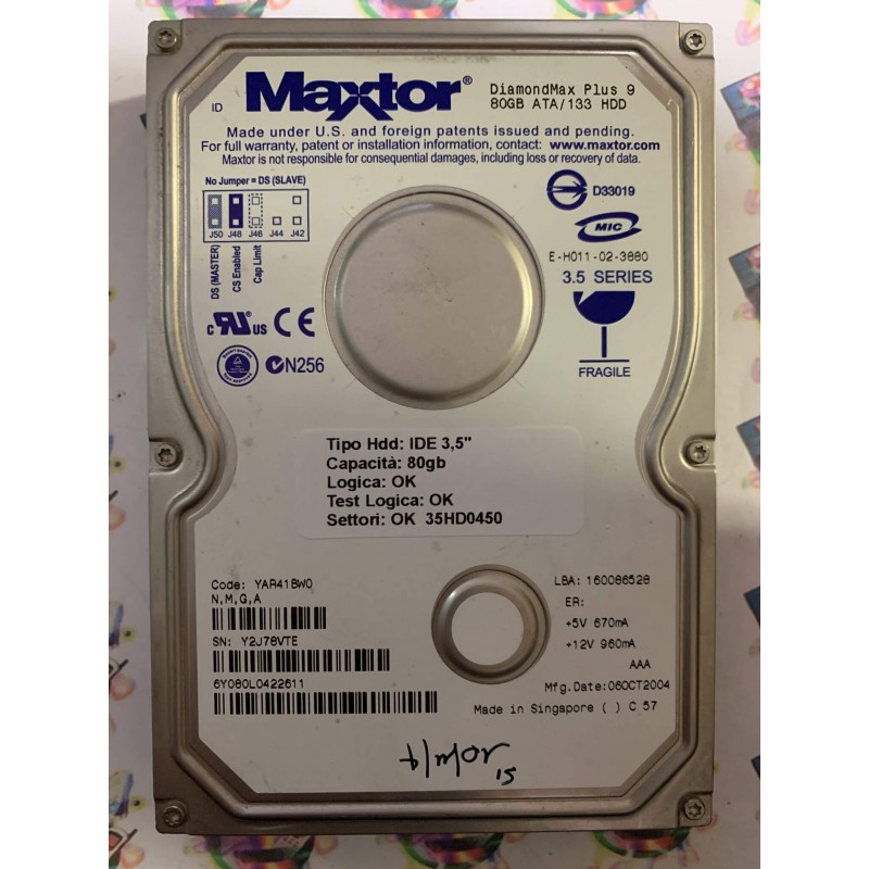 Hard Disk Usato Funzionante 100% Ok IDE 3,5" 80GB MAXTOR 6Y080L0 6Y080L0422611 YAR41BW0 06 OCT 2004