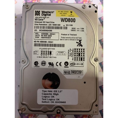 Hard Disk Usato Funzionante 100% Ok IDE 3,5" 80GB WESTERN DIGITAL WD800BB-00CAA1 HSEHNV2CH 30 MAR 2003
