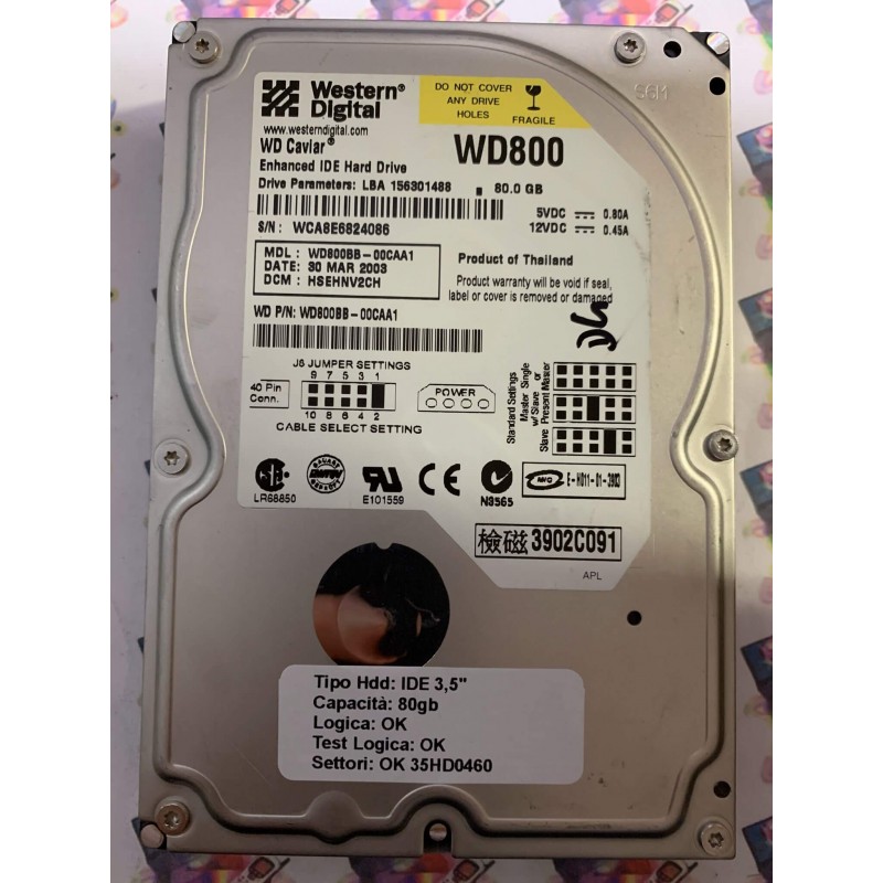 Hard Disk Usato Funzionante 100% Ok IDE 3,5" 80GB WESTERN DIGITAL WD800BB-00CAA1 HSEHNV2CH 30 MAR 2003
