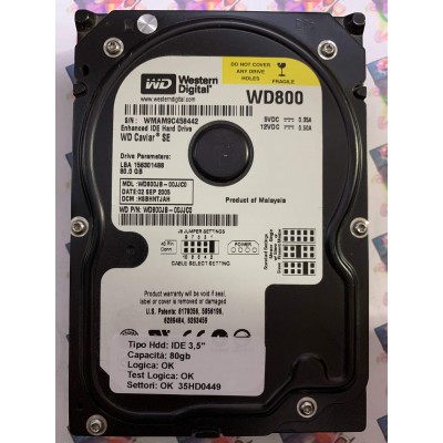 Hard Disk Usato Funzionante 100% Ok IDE 3,5" 80GB WESTERN DIGITAL WD800JB-00JJC0 HSBHNTJAH 02 SEP 2005