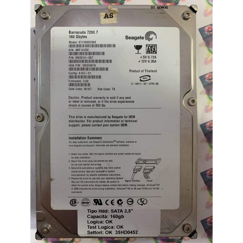 Hard Disk Usato Funzionante 100% Ok SATA 3,5" 160GB SEAGATE ST3160023AS 9W2814-007 A10J-01 3.00 06107 TK