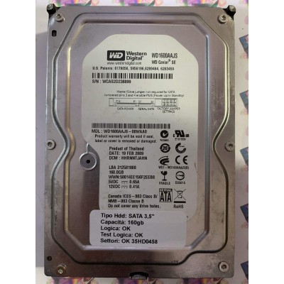 Hard Disk Usato Funzionante 100% Ok SATA 3,5" 160GB WESTERN DIGITAL WD1600AAJS-00WAA0 HHRNNTJAHN 19 FEB 2009