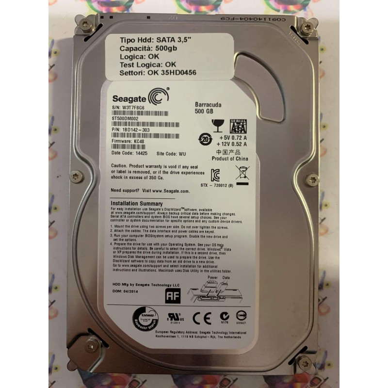 Hard Disk Usato Funzionante 100% Ok SATA 3,5" 500GB SEAGATE ST500DM002 1BD142-303 KC48 14425 WU