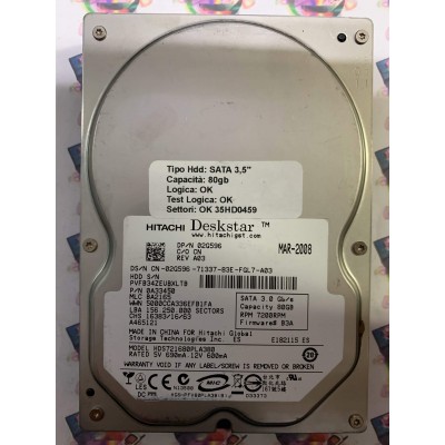 Hard Disk Usato Funzionante 100% Ok SATA 3,5" 80GB HITACHI HDS721680PLA380 0A33450 BA2165 MAR-2008