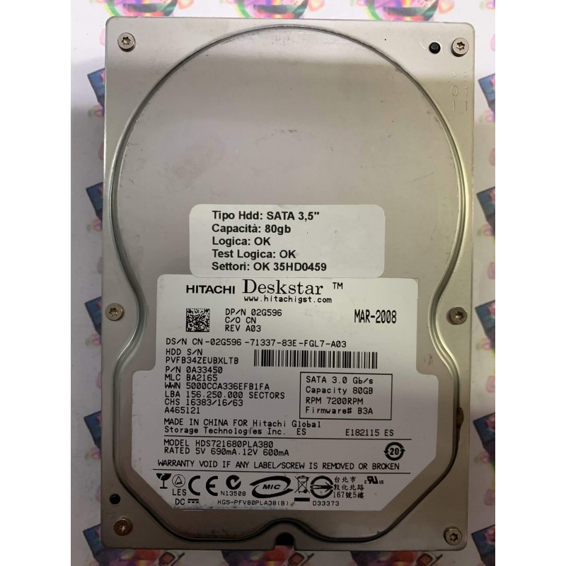Hard Disk Usato Funzionante 100% Ok SATA 3,5" 80GB HITACHI HDS721680PLA380 0A33450 BA2165 MAR-2008