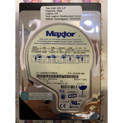 Hard Disk Usato Semifunzionante IDE 3,5" 20GB MAXTOR 2B020H1 2B020H1110632 234042-001 24 APR 2002