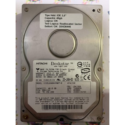 Hard Disk Usato Semifunzionante IDE 3,5" 40GB HITACHI IC35L040AVVN07-0 08K1141 H69009 25JAN03