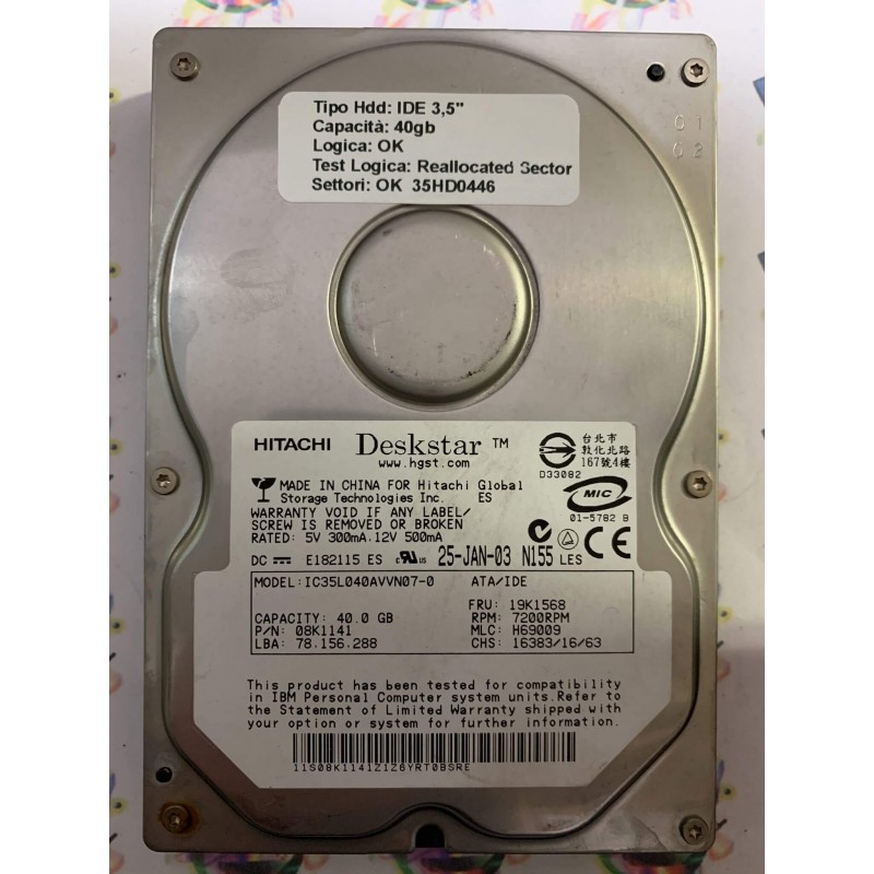 Hard Disk Usato Semifunzionante IDE 3,5" 40GB HITACHI IC35L040AVVN07-0 08K1141 H69009 25JAN03