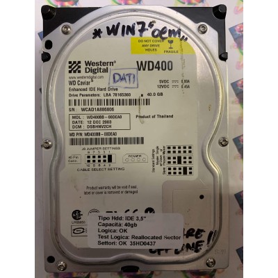 Hard Disk Usato Semifunzionante IDE 3,5" 40GB WESTERN DIGITAL WD400BB-00DEA0 DSBHNV2CH  12 DEC 2003