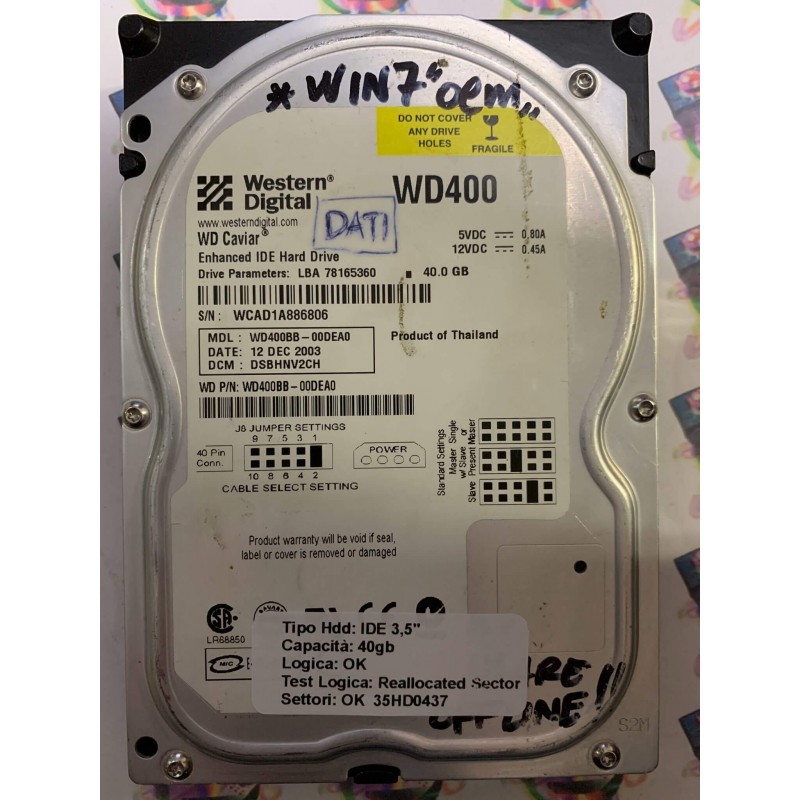 Hard Disk Usato Semifunzionante IDE 3,5" 40GB WESTERN DIGITAL WD400BB-00DEA0 DSBHNV2CH  12 DEC 2003