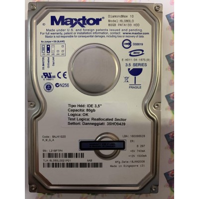 Hard Disk Usato Semifunzionante IDE 3,5" 80GB MAXTOR 6L080L0 6L080L0021P01 BAJ41G20 18 JAN 2006