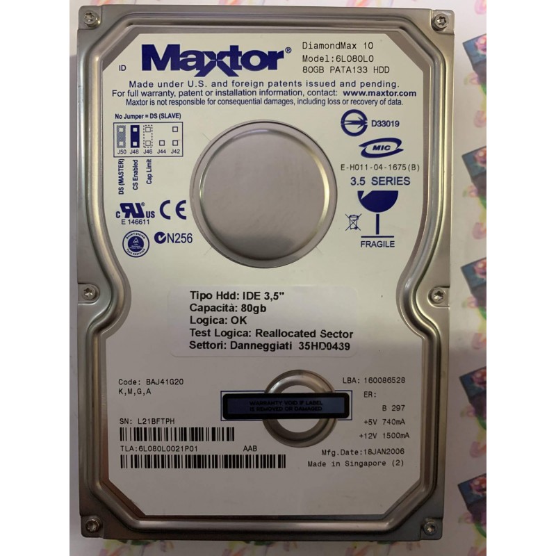 Hard Disk Usato Semifunzionante IDE 3,5" 80GB MAXTOR 6L080L0 6L080L0021P01 BAJ41G20 18 JAN 2006