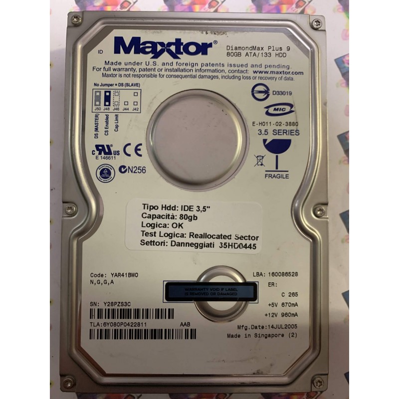 Hard Disk Usato Semifunzionante IDE 3,5" 80GB MAXTOR 6Y080P0 6Y080P0422811 YAR41BW0 14 JUL 2005