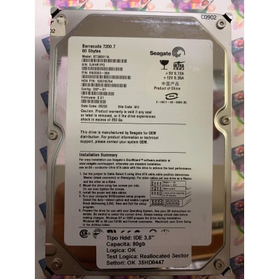 Hard Disk Usato Semifunzionante IDE 3,5" 80GB SEAGATE ST380011A 9W2003-006 D8P-01 8.01 05232 WU