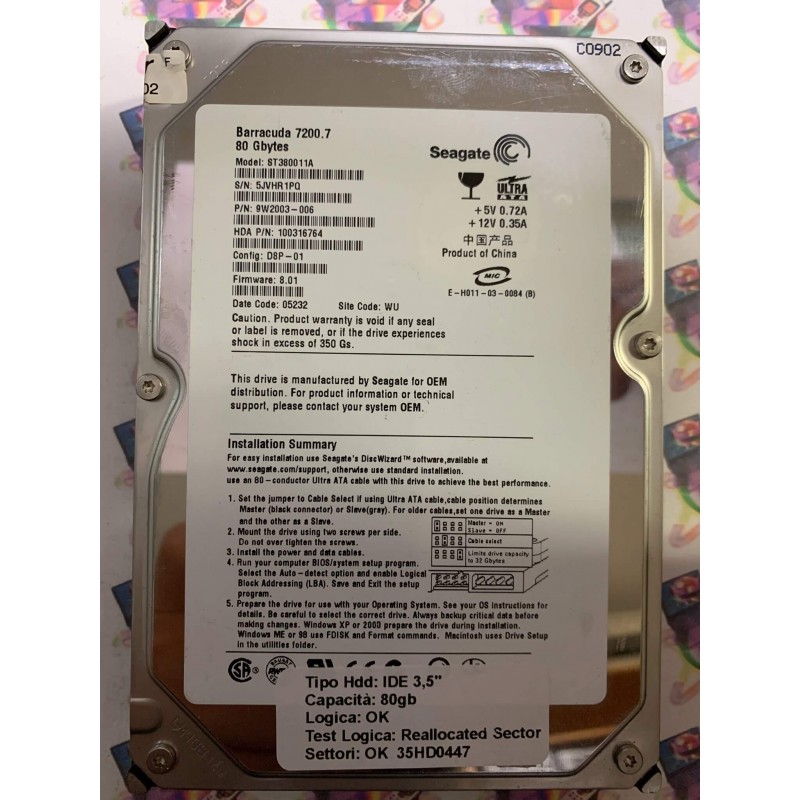 Hard Disk Usato Semifunzionante IDE 3,5" 80GB SEAGATE ST380011A 9W2003-006 D8P-01 8.01 05232 WU