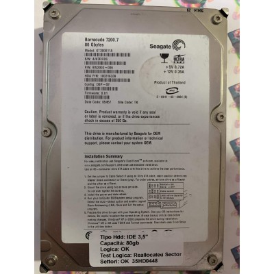 Hard Disk Usato Semifunzionante IDE 3,5" 80GB SEAGATE ST380011A 9W2003-006 D8P-02 8.01 05457 TK 4JV3RFBS