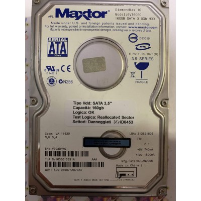 Hard Disk Usato Semifunzionante SATA 3,5" 160GB MAXTOR 6V160E0 6V160E013631A VA111630 07 JAN 2006