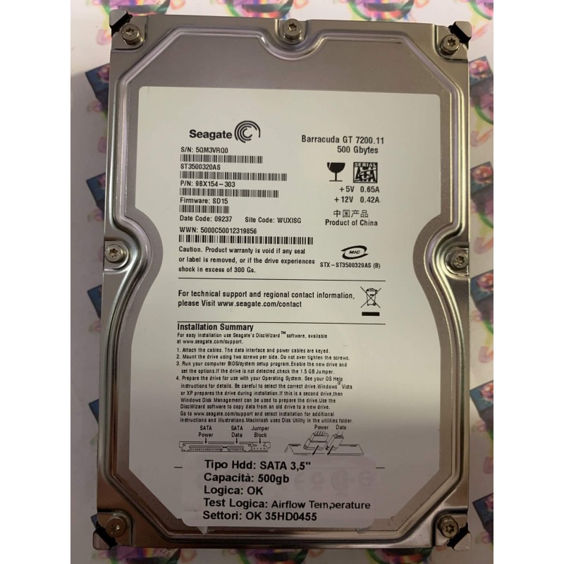 Hard Disk Usato Semifunzionante SATA 3,5" 500GB SEAGATE ST3500320AS 9BX154-303 SD15 09237 WUXISG