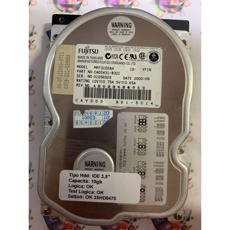 Hard Disk Usato Funzionante 100% Ok IDE 3,5" 10GB FUJITSU MPF3102AH CA05431-B321 2000-08