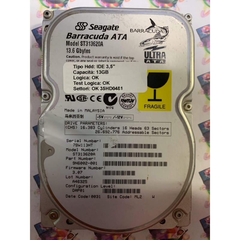 Hard Disk Usato Funzionante 100% Ok IDE 3,5" 13.6GB SEAGATE ST313620A 9N6002-001 3.07 0031 ML2