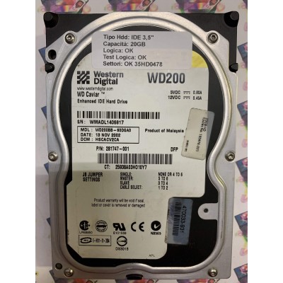 Hard Disk Usato Funzionante 100% Ok IDE 3,5" 20GB WESTERN DIGITAL WD200BB-60DGA0 HSCACV2CA 13 NOV 2002