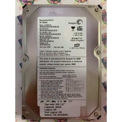 Hard Disk Usato Funzionante 100% Ok IDE 3,5" 40GB SEAGATE ST340017A 9W4004-004 3.33 03327 AMK