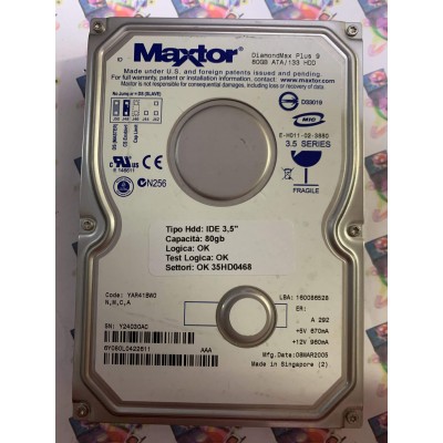 Hard Disk Usato Funzionante 100% Ok IDE 3,5" 80GB MAXTOR 6Y080L0 6Y080L0422611 YAR41BW0 08 MAR 2005