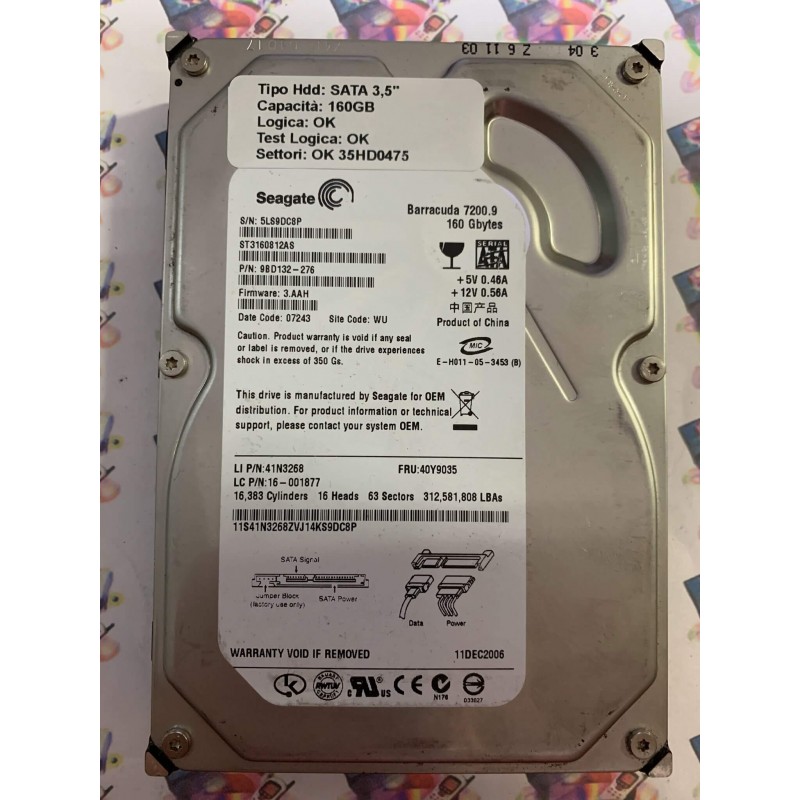 Hard Disk Usato Funzionante 100% Ok SATA 3,5" 160GB SEAGATE ST3160812AS 9BD132-276 3.AAH 07243 WU