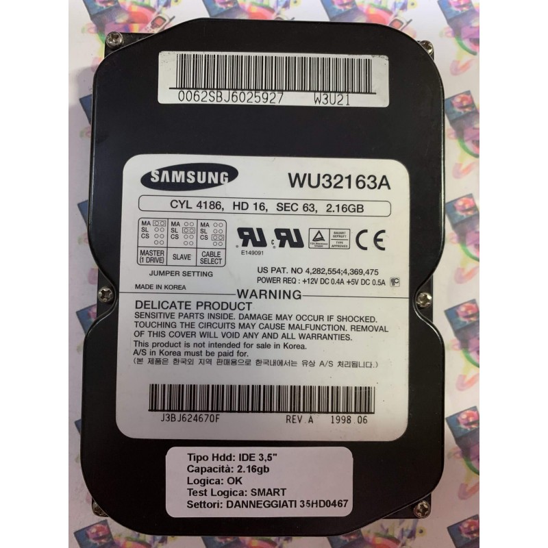 Hard Disk Usato Semifunzionante IDE 3,5" 2.16GB SAMSUNG WU32163A 0062SBJ6025927 J3BJ624670F 1998.06