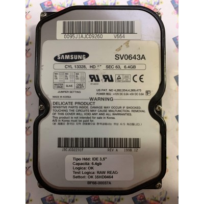 Hard Disk Usato Semifunzionante IDE 3,5" 6.4GB SAMSUNG SV0643A 0095J1AJC09260 J3CJC02231F A 1998.12