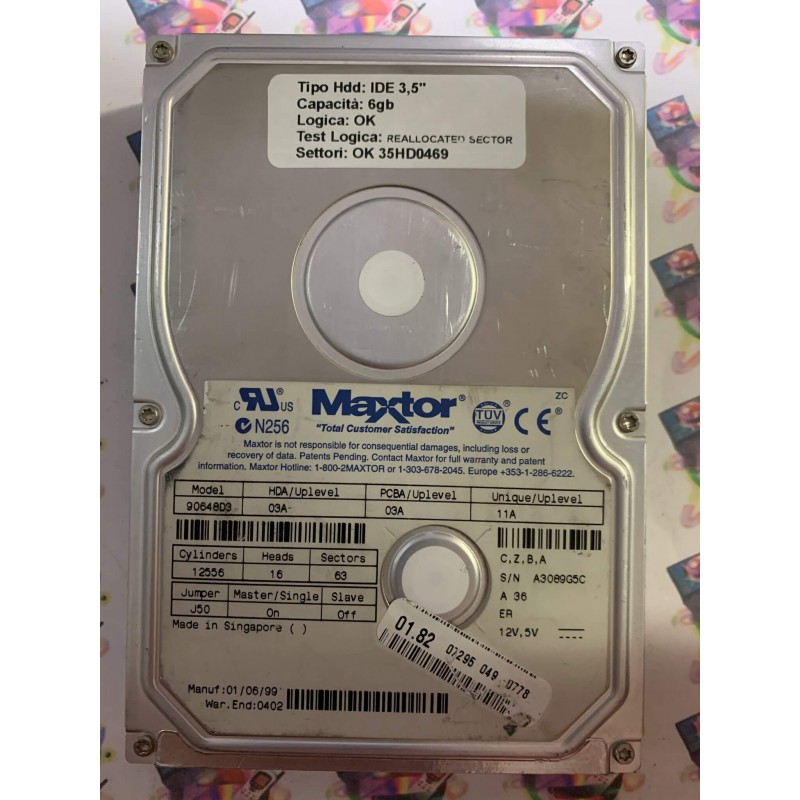 Hard Disk Usato Semifunzionante IDE 3,5" 6GB MAXTOR 90648D3 03A 11A 01 06 99